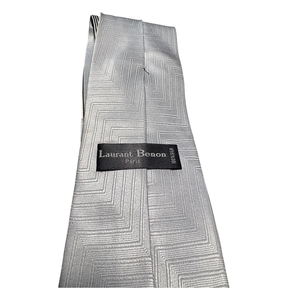 Vintage Laurant Benon Paris Tie 100% Silk Silver Geometric Retro Pattern Necktie